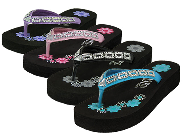 G955C-A - Wholesale Girl's "Easy USA" Floral Printed Rhinestone Upper Wedge Filp Flops