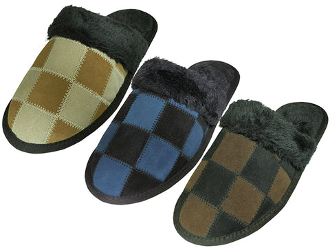 M6299 - Wholesale Men's Leather Suede Square Patch with Faux fur Cuff House Slippers