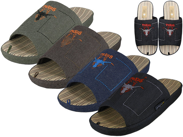 M7410-A - Wholesale Men Satin Open Toes Embroidery Upper House Slippers
