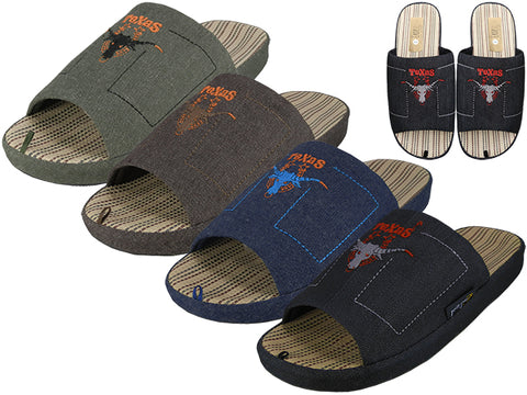 M7410-A - Wholesale Men Satin Open Toes Embroidery Upper House Slippers