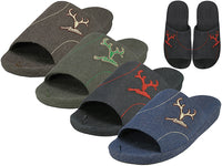 M7440-A - Wholesale Men's Satin Open Toes Slippers with Deer Antler Head Embroidered Upper House Slippers