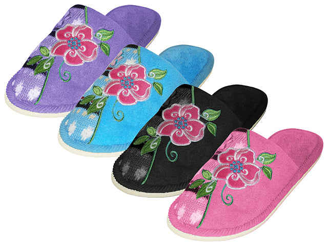 S1505 - Wholesale Women's "Easy USA" Satin Upper Open Toe with Embroidered Floral House Slippers