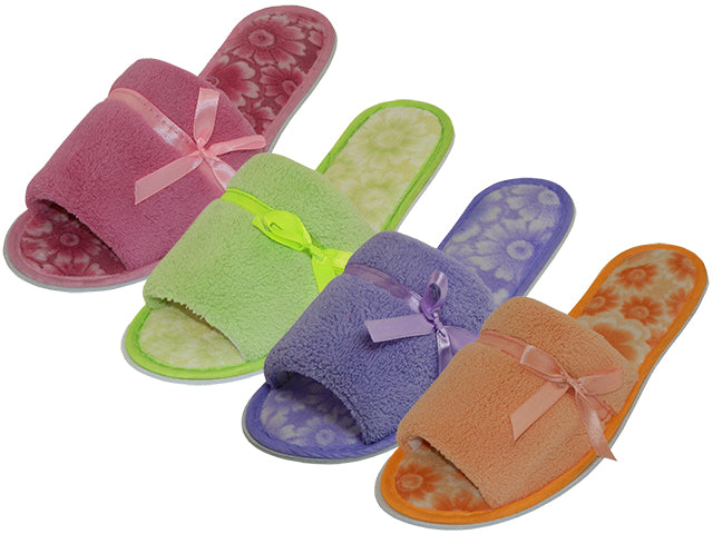 S334LA - Wholesale Women's "Easy USA" Cotton Terry Upper Open Toe Printed in Sole House Slippers