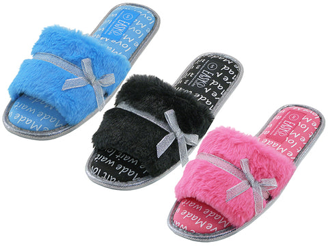 S337L-A - Wholesale Women's Open Toes Slides Plush House Slippers