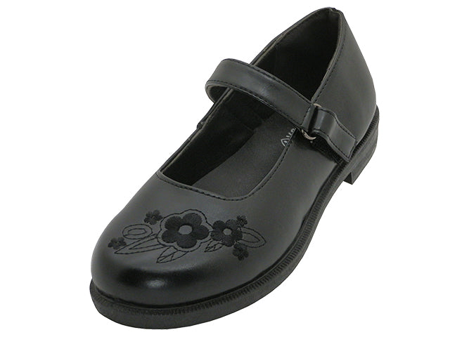 S5003-G - Zapatos escolares Mary Jane negros para niña "Easy USA" al por mayor con empeine de PU y flor bordada en la parte superior