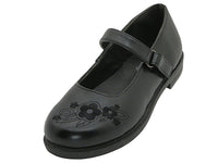 S5003-G - Zapatos escolares Mary Jane negros para niña "Easy USA" al por mayor con empeine de PU y flor bordada en la parte superior