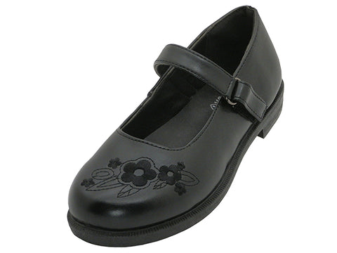 S5003-G - Wholesale Big Girl's "Easy USA" PU Upper with Embroidery Flower on top Black Mary Jane School Shoes