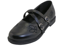 S5009-G - Wholesale Big Girls "Easy USA" PU Upper with Butterfly Embroidery X-Strap Black Mary Jane School Shoes