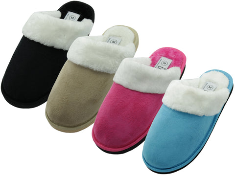S5288L-A - Wholesale Women's "Easy USA" Velour Plush Scuff Upper with Faux Fur Cuff Comfortable House Slippers