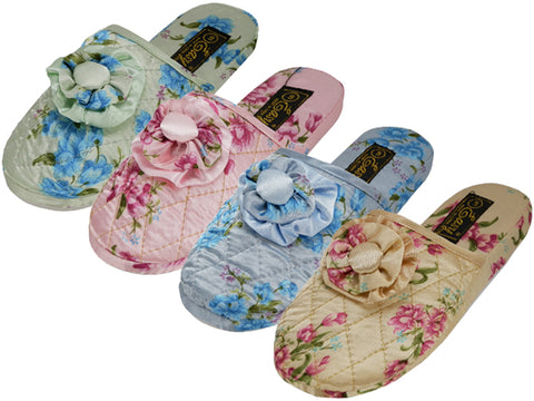 S533-L - Wholesale Women's "Easy USA" Quilted Satin Floral Upper Close Toe Printed House Slippers