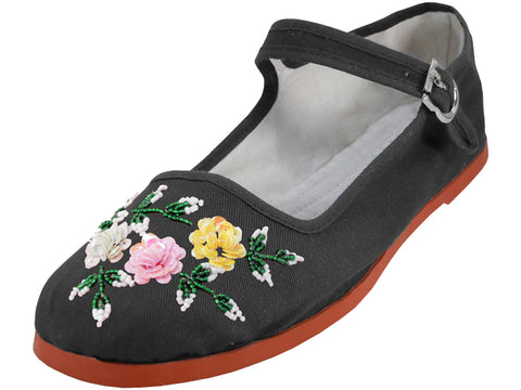 S588L-B - Wholesale Women's Cotton Upper with Hand Sequins Classic Mary Jane Shoes