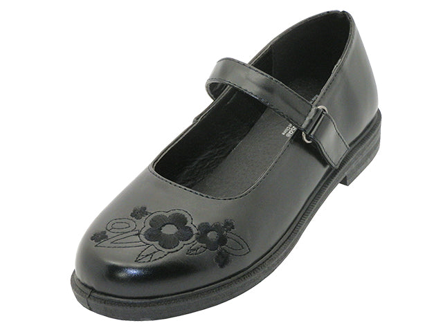 S6003-Y - Wholesale Youth's "Easy USA" Pu Upper with Embroidery Flower on Top Black Mary Jane School Shoes