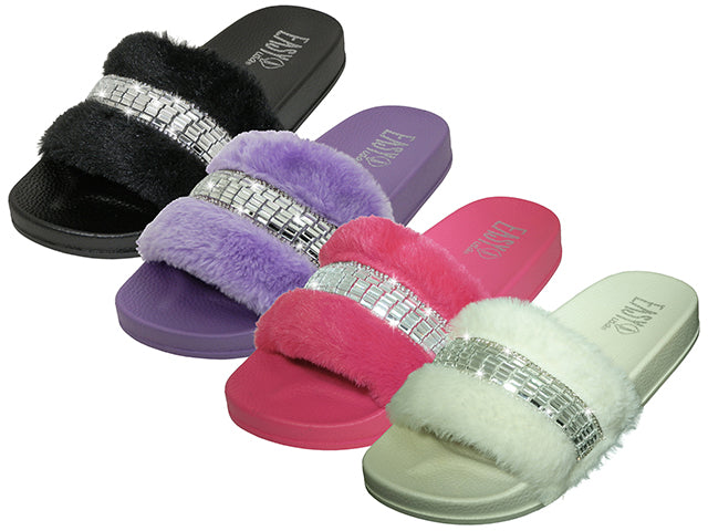 S9889L - Women's "Easy USA" Fuzzy Faux Fur Rhinestone Ballet Flat Shoes