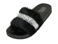 S9889L - Women's "Easy USA" Fuzzy Faux Fur Rhinestone Ballet Flat Shoes