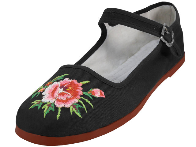 T2-114LB-EMB - Wholesale Women's "Easy USA" Floral Embroidered Cotton Upper Classic Mary Janes Shoe