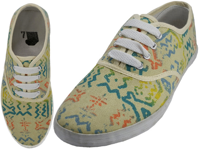 U3028L - Wholesale Women's Ninja Eye Print on Yellow Lace Up Canvas Shoe
