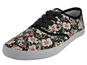 U3033L - Wholesale Women's Black Flower Printed Lace Up Canvas Shoe