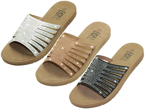 W2668L-A - Wholesale Women's Rhinestone Sandals (3-Color Assortment: Black, Brown & White)