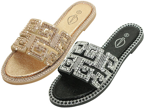 W2998L-A - Wholesale Women's Rhinestone Slide Sandals (Assortment: Black & Rose Gold)
