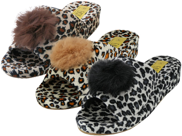 W5110-A - Wholesale Women's Satin Velour Leopard Print Upper Open Toe House Slippers