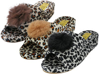 W5110-A - Wholesale Women's Satin Velour Leopard Print Upper Open Toe House Slippers
