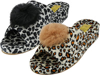 W5110-A - Wholesale Women's Satin Velour Leopard Print Upper Open Toe House Slippers