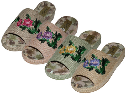 W5160-A - Wholesale Women's Cloth Open Toes Flower Embroidery Upper House Slippers