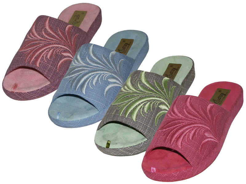 W5170-A - Wholesale Women's Cloth Open Toes Floral Embroidery Upper House Slippers