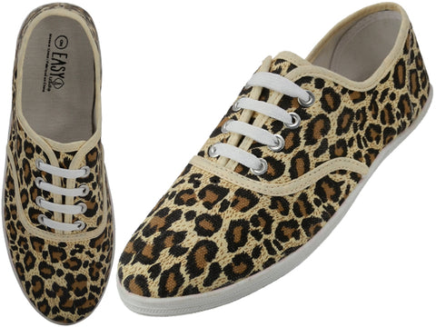 W5201 - Wholesale Women's "Easy USA" Canvas Gold Leopard Printed Lace Up Shoes