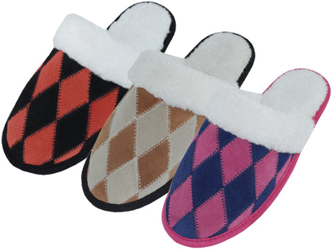 W5299 - Wholesale Women's Diamond Pattern Leather Patch Upper with Fur Cuff House Slippers