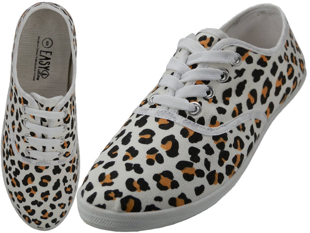 W6201 - Wholesale Women's "Easy USA" Canvas Leopard Printed Lace Up Shoes