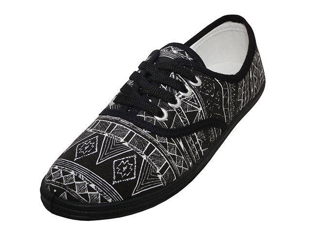 W6202 - Wholesale Women's "Easy USA" Canvas Aztec Printed Black/White Printed Lace Up shoe