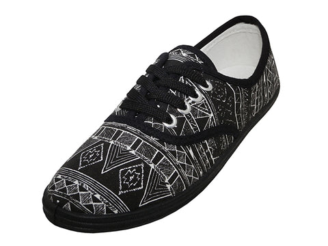 W6202 - Wholesale Women's "Easy USA" Canvas Aztec Printed Black/White Printed Lace Up shoe
