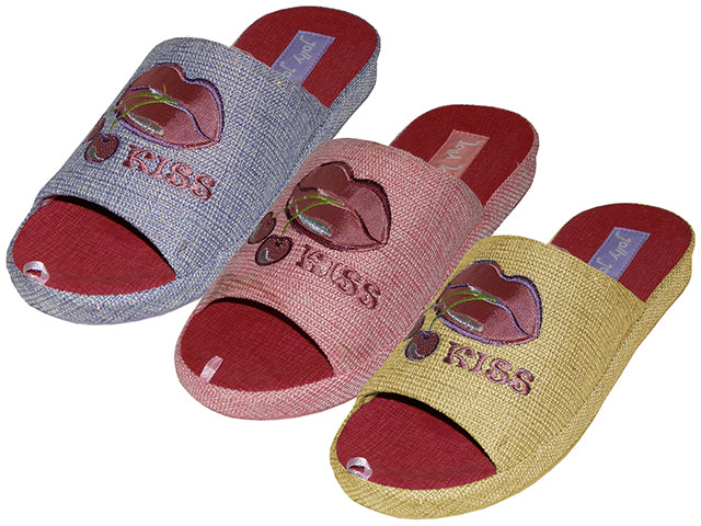 W7480-A - Wholesale Women's Satin Lip Kiss Cherry Embroidery Upper Open Toe House Slippers