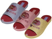 W7480-A - Wholesale Women's Satin Lip Kiss Cherry Embroidery Upper Open Toe House Slippers