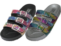 W8228L-A - Wholesale Women's " Easy USA " Rainbow Rhinestone 3 strap With Buckle Upper Sandals