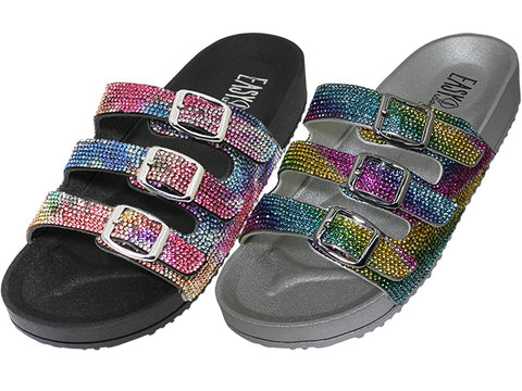 W8228L-A - Wholesale Women's " Easy USA " Rainbow Rhinestone 3 strap With Buckle Upper Sandals