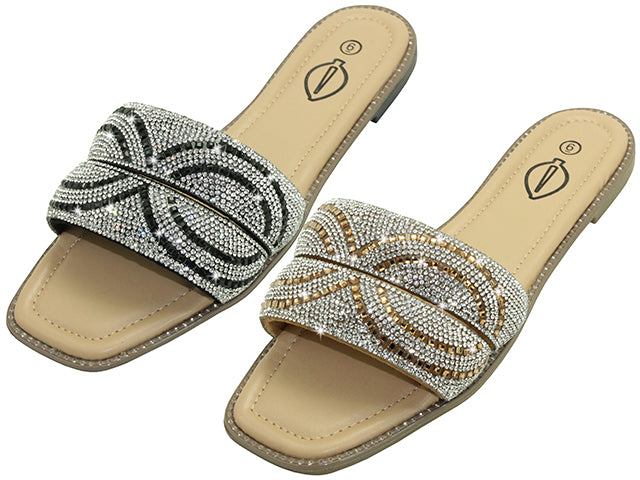 W8833L-A - Wholesale Women's Rhinestone Sandals (2-Color Assortment: Black-Silver & Rose-Gold)