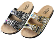 W9229L-A - Wholesale Women's 2-Buckle Slide Sandals (Black & Beige Multi Stone)