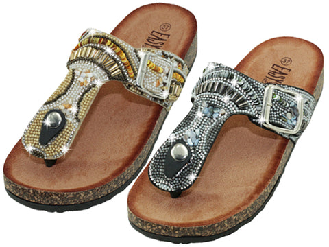 W9559L-A - Wholesale Women's "Easy USA" Multi Sequin & Beaded Side Buckle Thong Sandals