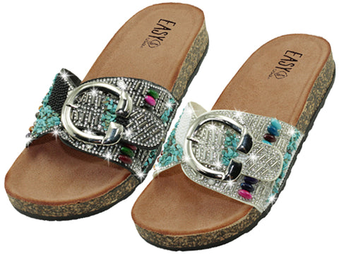 W9669L-A - Wholesale Women's "Easy USA" Multi Rhinestones & Beaded Top Buckle Sandals