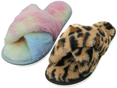 Z8118L-A - Wholesale Women's "Easy USA" X-Cross Soft Fuzzy Plush Upper House Slippers