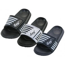 S2060-B - Wholesale Boy's "Easy USA" Velcro Upper with Black/White Strip Upper Slide Sandals (* Assorted Black, White & Navy)