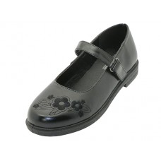 S6003-Y - Wholesale Youth's "Easy USA" Pu Upper with Embroidery Flower on Top Black Mary Jane School Shoes (*Black Color)