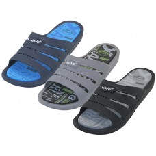 M7755 - Wholesale Men's "Wave" Rubber Shower Slides Sandals (Asst. Black, Blue & Gray)