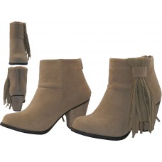 BL-6353-C - Wholesale Women's Micro Suede 2½ Inches Heel & Side Fringe Ankle High Boots （*Beige Color） *Close Out $48.00/Case $4.00/Pr.
