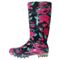 RB-45 - Wholesale Women's "Easy USA" 13.5 Inches Super Soft Rubber Rain Boot  ( Black/Red Floral Printed )