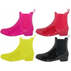 RB-86-A - Wholesale Women's "Easy USA" 6½ Inches Ankle Height Super Soft Solid Color Rubber Rain Boots (Asst. Black Royal Blue, Fuchsia and Red)