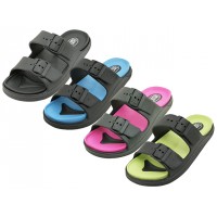S2710LA - Wholesale Women's "Easy USA" Super Soft Double Strap with Buckle Slide Sandals (*Asst. Black/Black, Turquoise, Lime & Hot Pink) 