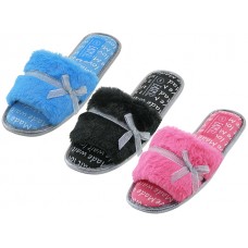 S337L-A - Wholesale Women's Open Toes Slides Plush Slippers. （*Asst. Black, Blue & Hot Pink)